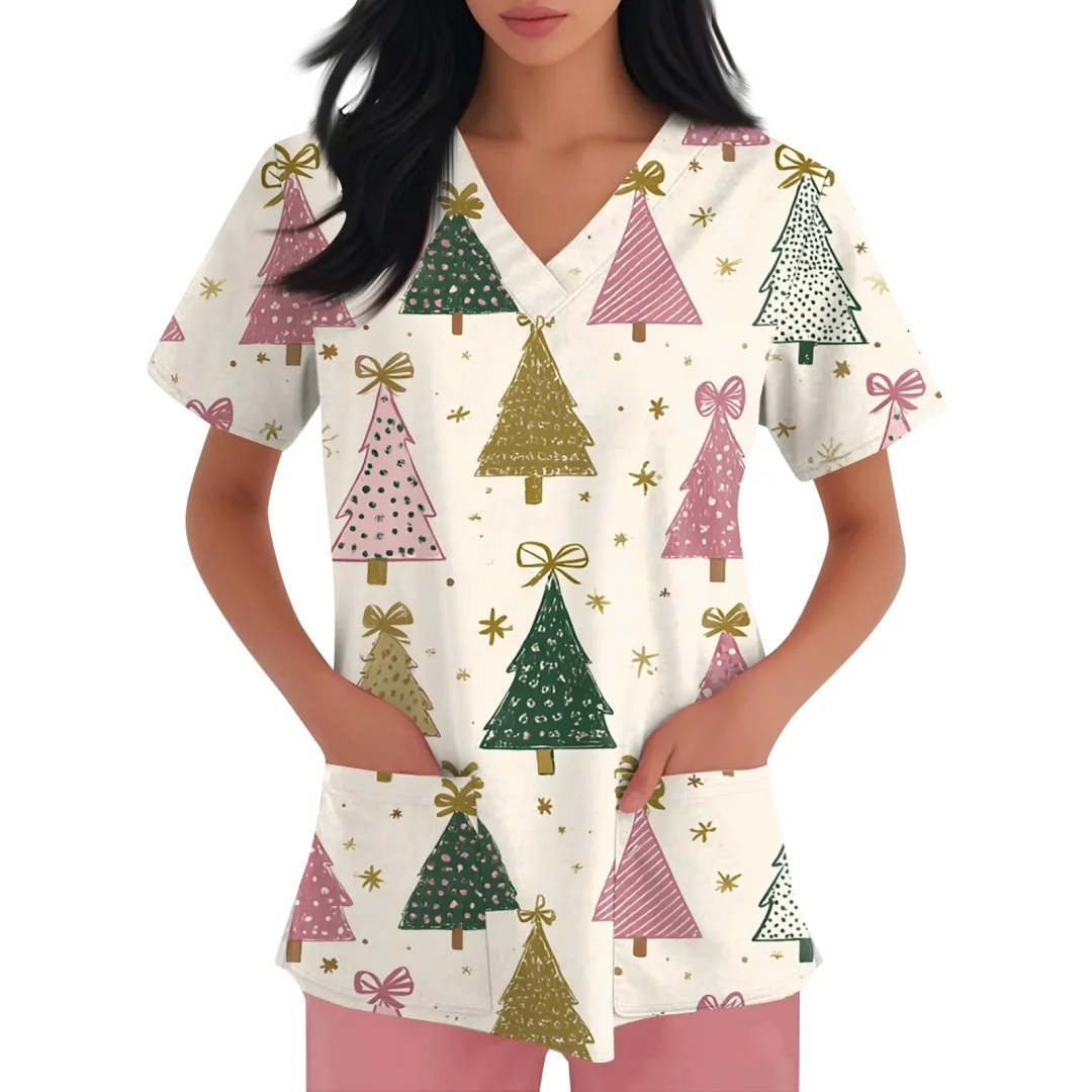 Uniformes bonitos femininos médicos natal boneco de neve padrão dental enfermagem topos com decote em v manga curta bolso santa impressão uniformes enfermeira
