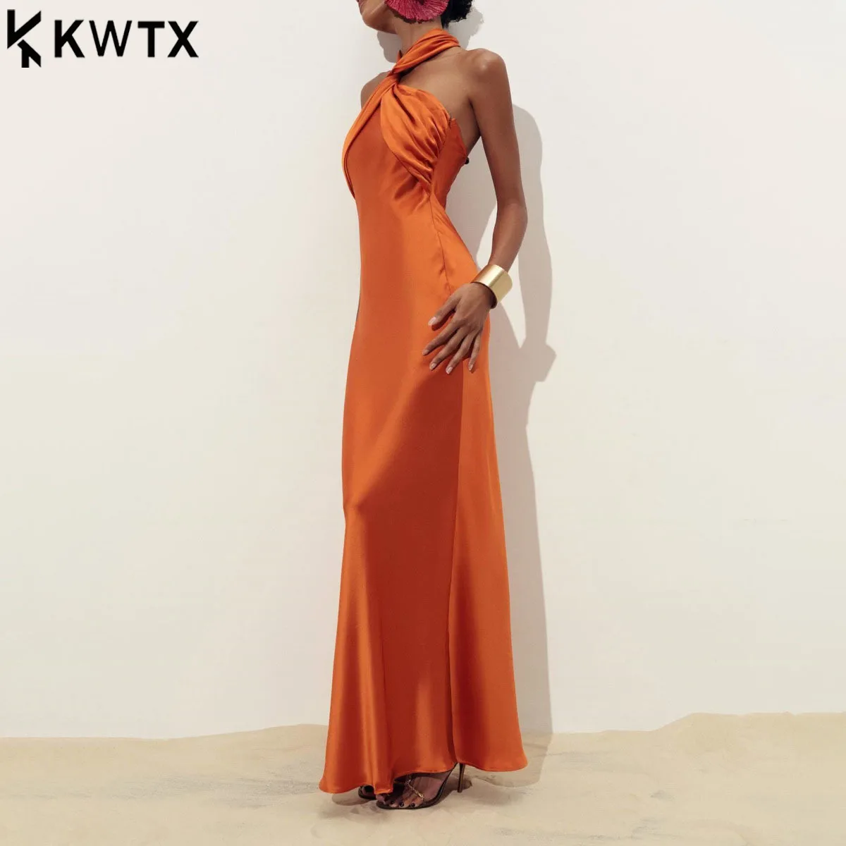 KWTX Dames Elegante Halter Hals Zijden Lange Jurk Uitgesneden Designer Luxe 2026 Zomer Casual Avondfeest Maxi Jurk Verjaardag