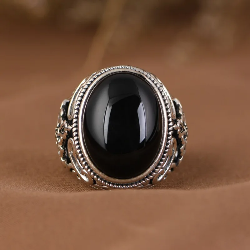 BOCAI New 100% S925 Silver Hollowed-Out Carved Lapis Lazuli/Black Agate Oval Man and Woman Ring Exaggerated Personality Gift