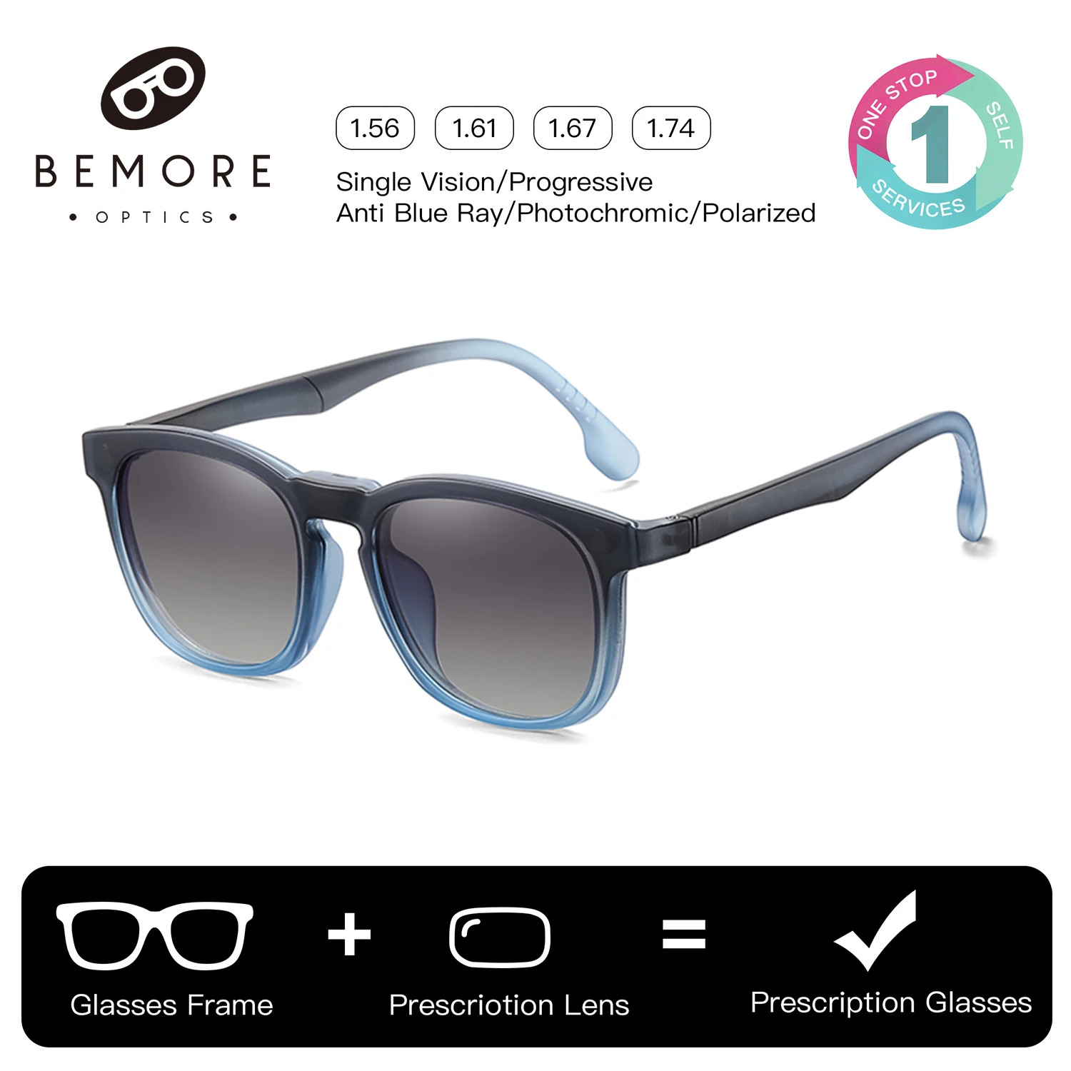 BEMORE Unisex Acetate Clip On Prescription Eyeglasses Women Men Square Anti Blue Light Polarized UV400 Graduated Glasses