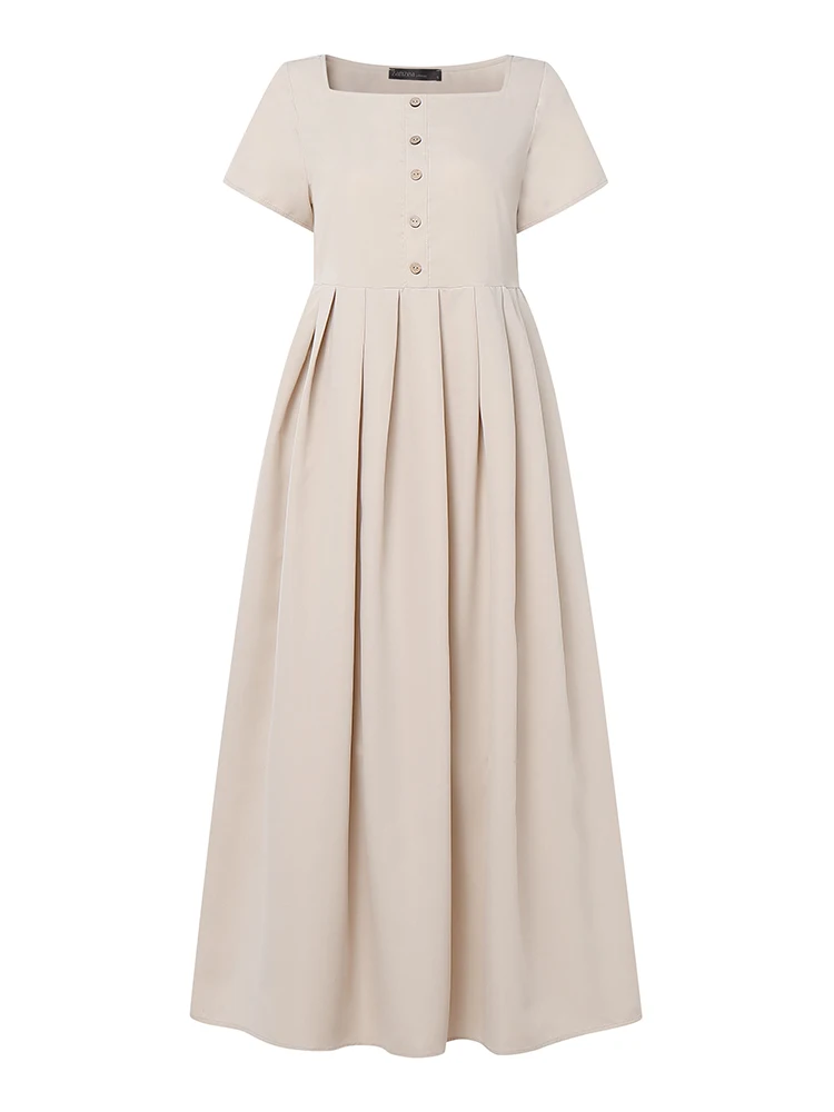 ZANZEA Mode Zomer Vierkante Hals Korte Mouw Jurk 2025 Vrouwen Elegante Partij Midi Zonnejurk Kaftan Casual Solid OL Werk vestidos