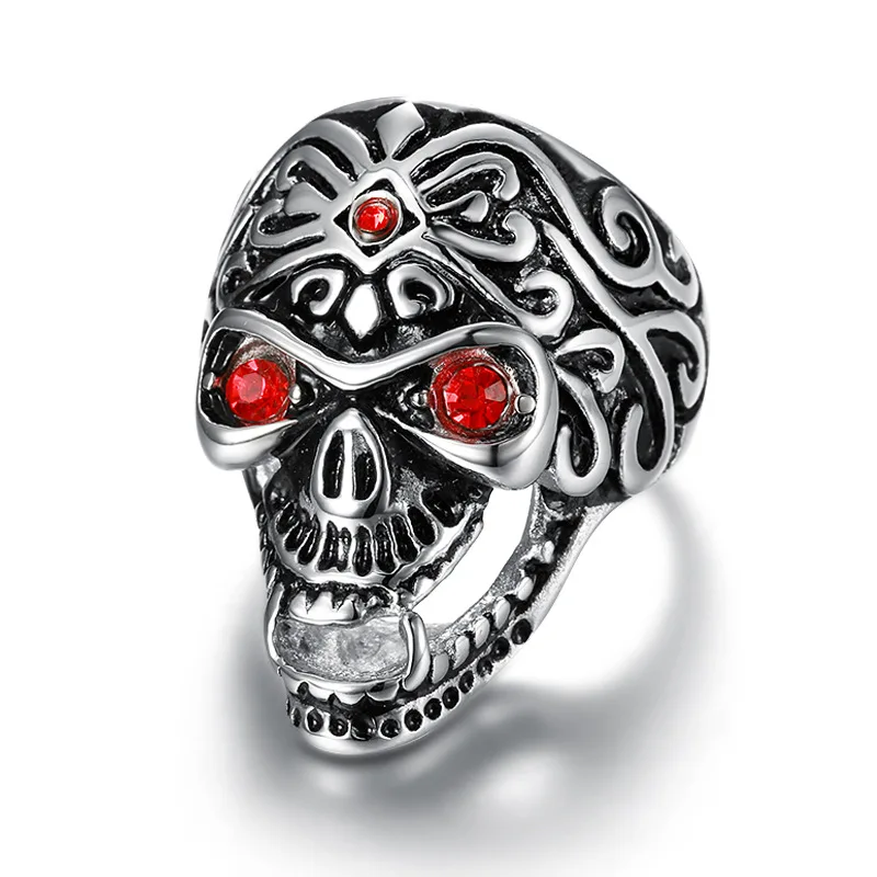 Stainless Steel Skull Ring For Men Red Zircon Eyes Vintage Engraved Pattern Biker Gothic Punk Finger Ring Male Party Jewelry Gif