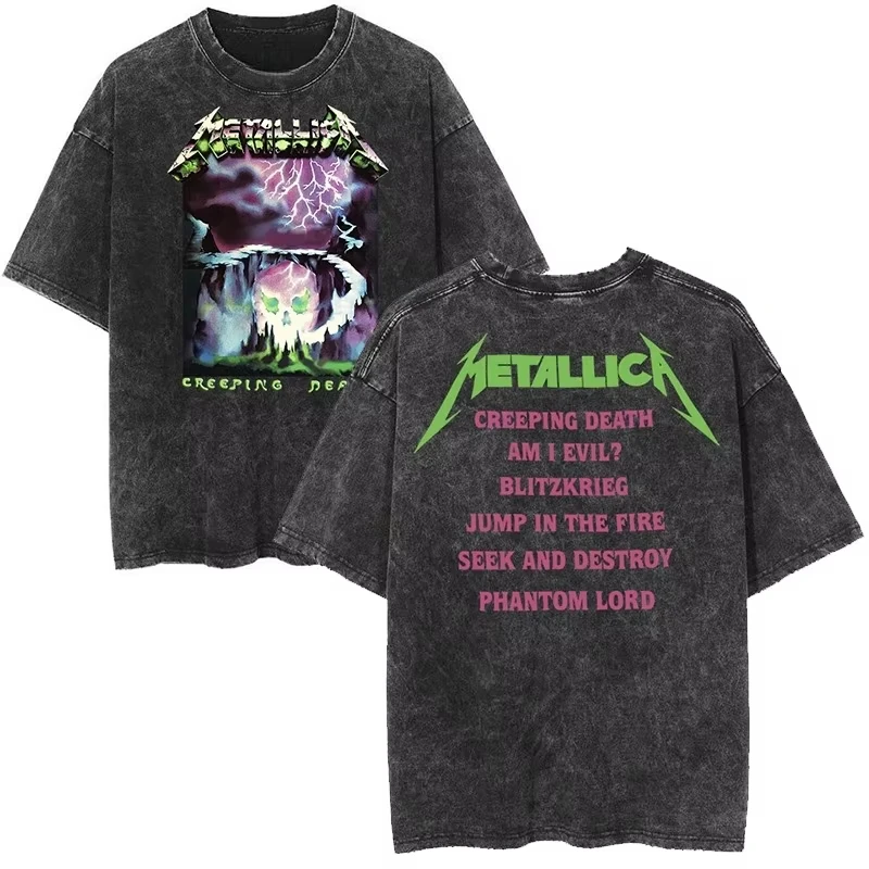 Rock Band Metallica Creeping Death Washed T-Shirt für Herren und Damen, Sommer, Baumwolle, Y2K-Kleidung, Gothic, atmungsaktiv, kurzärmeliges Oberteil – Detail 2