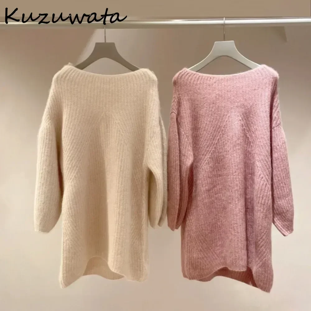 Kuzuwata Slash Neck Lantern Sleeve Elegant Feminine Mujer Solid Knit Wool Loose Off Shoulder Robe Japan Slim Exquisite New Dress