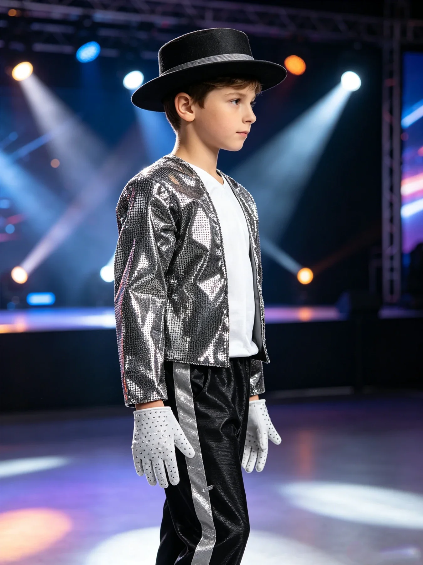 Conjunto de Fiesta Retro de Halloween para Niños, Disfraz Estilo Jazz con Lentejuelas, Sombrero de Copa, Guantes, Gafas de Sol, Conjunto Completo de Vestido de Fiesta