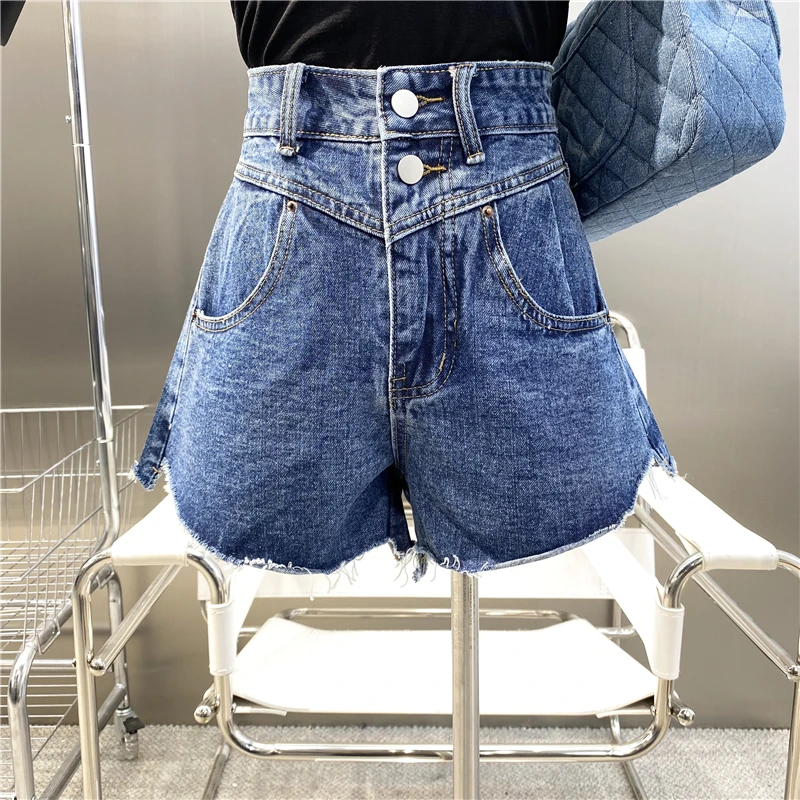 

New Brand Original Design 2022 High Waist Two Grain Button Raw Denim Shorts Fashion Versatile Loose Irregular Wide Leg Pants