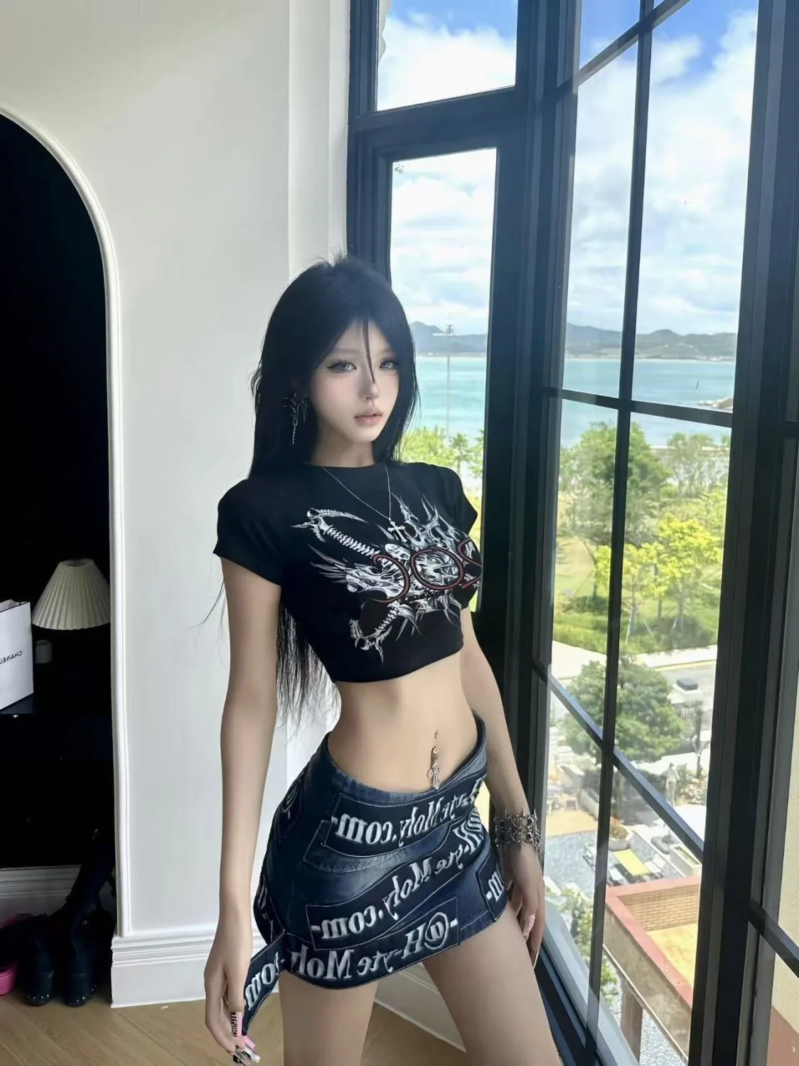 Streetwear Rebellious Girl Denim Mini Skirt Asymmetric Wrap Design Letter Print High Waist Jean Skirt College Wind Womens