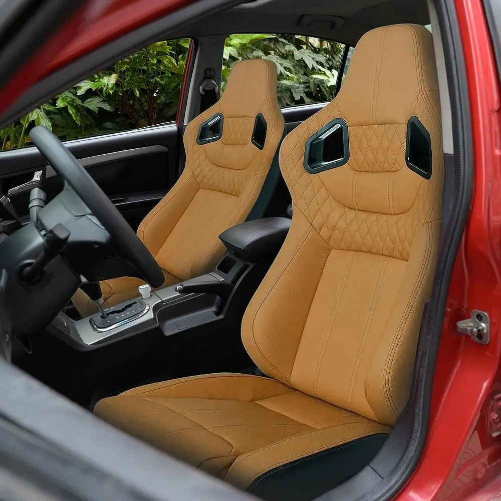 Beige PVC Leather Reclinable Double Slider Low Bottom Bucket Seats (No Brackets Included)