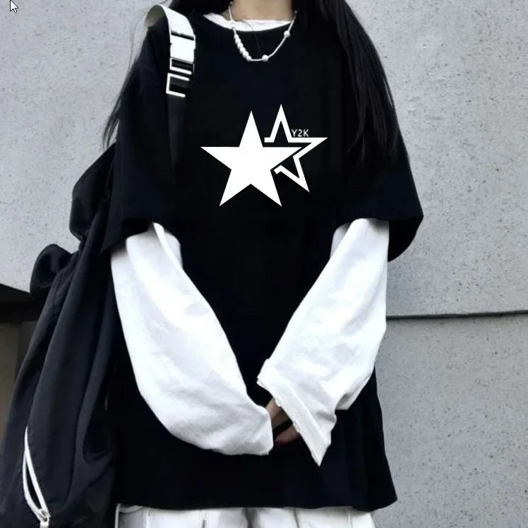 Loose Long Sleeve Crew Neck T-Shirt Women's Summer New Style Letter Print Overhead Top Korean Version Fake Two-Piece Design