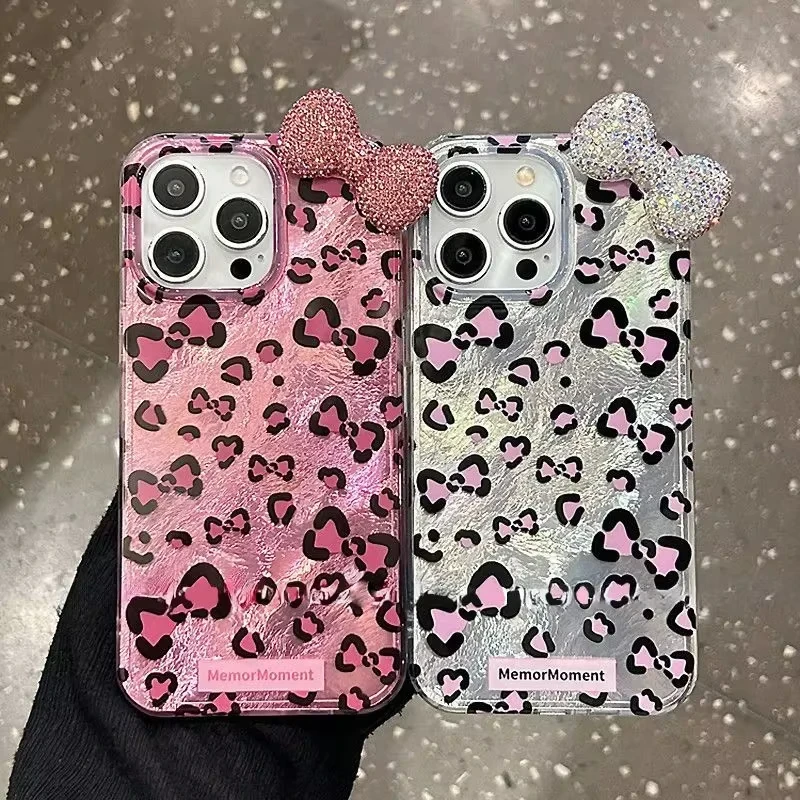 

Y2K Leopard Print Hello Kitty Mirror Bow Strap Phone Case for Iphone 16 15 14 13 12 11 Pro Max Xr Xs Max 7 8 Plus Mini Cover