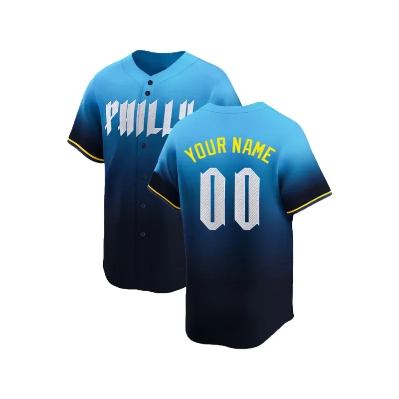 Camiseta de béisbol bordada con nombre y número personalizados para hombre, camisas con botones de manga corta personalizadas con gradiente de Filadelfia
