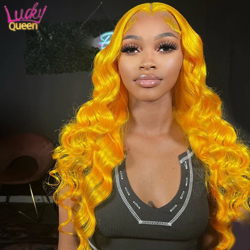 Wig cerah Lemon kuning 30 inci gelombang tubuh renda transparan Wig depan pra pencabutan rambut Remy 13X4 13X6 Wig Frontal untuk wanita