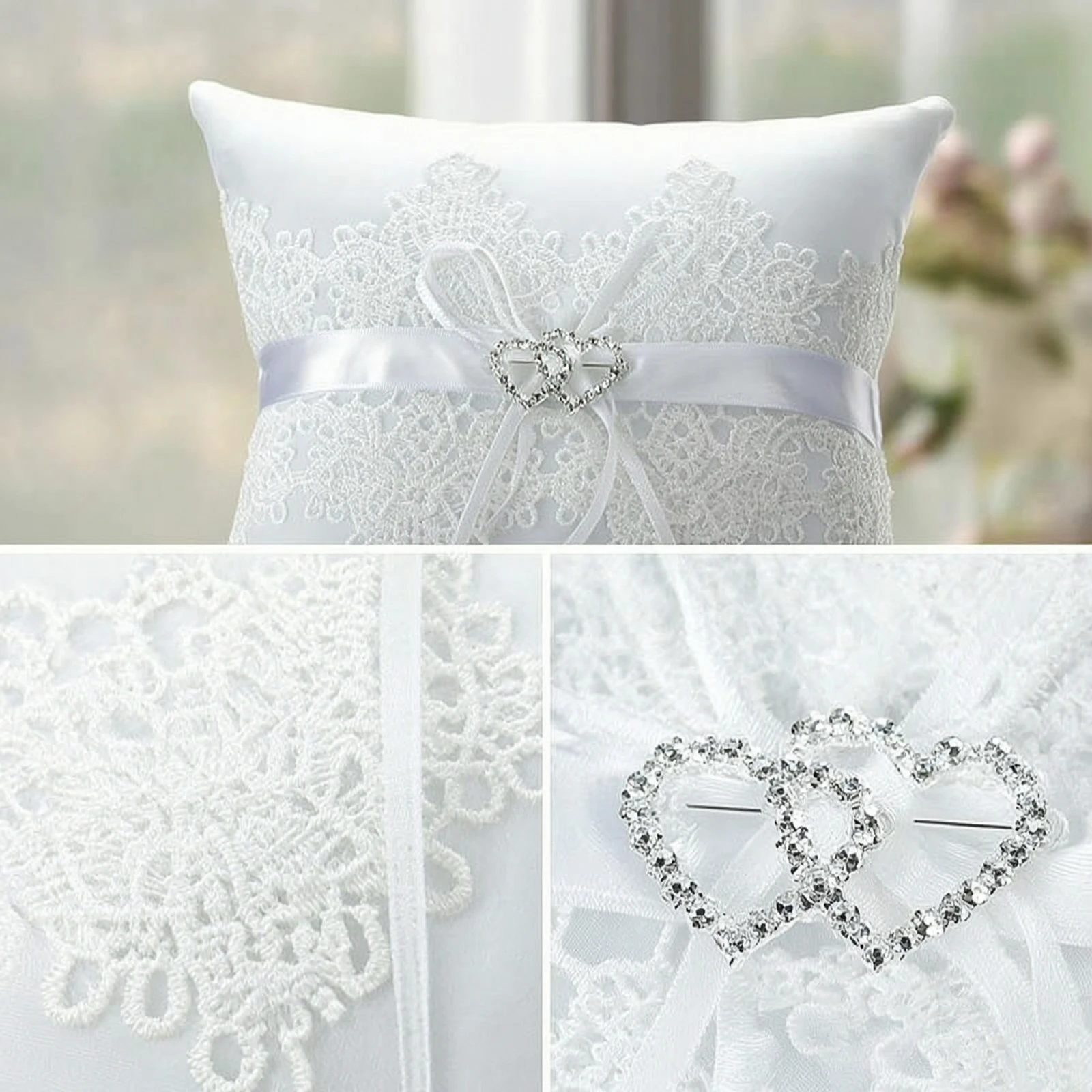 Wedding Band Pillow Rhinestone Band Bearer Pillow White Elegant for Brides, Engagement Party