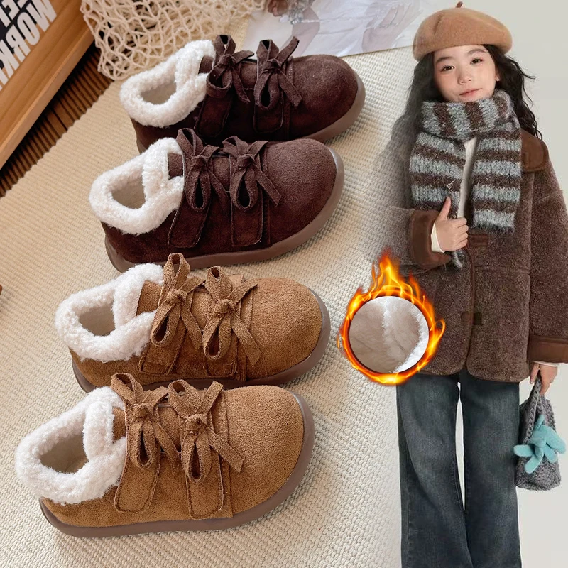 

Girls Baby Fur Shoes Yellow Bow Kids Cotton Shoes 1-18 Years Old Dark Brown Soft Non-slip Girls Shoes Children's Short Boots