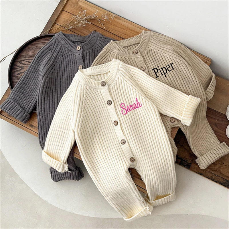 Customized Name Solid Knitting Cotton Long Sleeve Outfit Toddler Baby Boys Girl Romper Spring Autumn Newborn Baby Girls Jumpsuit