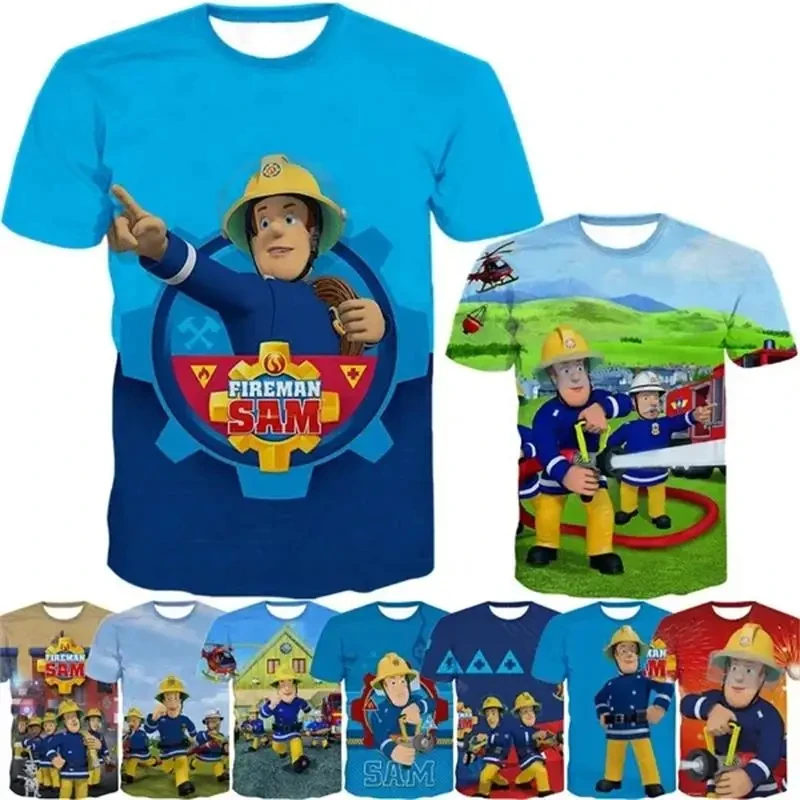 Anime Kids Tee Shirts 3D Fireman Sam Graphic T Shirt For Men Clothing Boys Short Sleeved T-shirt Funny Kid Summer Y2k T-shirts