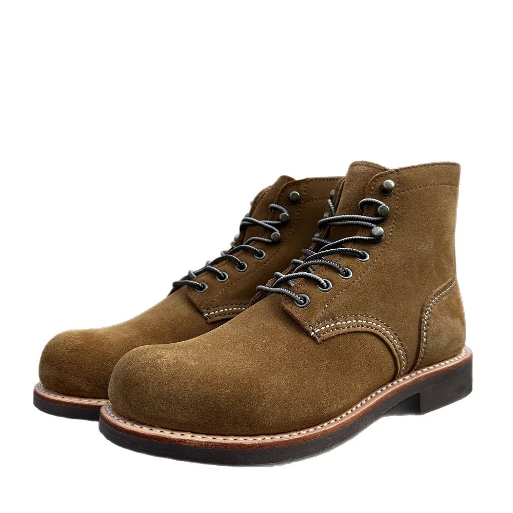 Genuine Leather Goodyear Motorcycle Boots Mid-calf Frosted Western Tooling Boots Work Shoes Derby high-top Business Dress Shoes