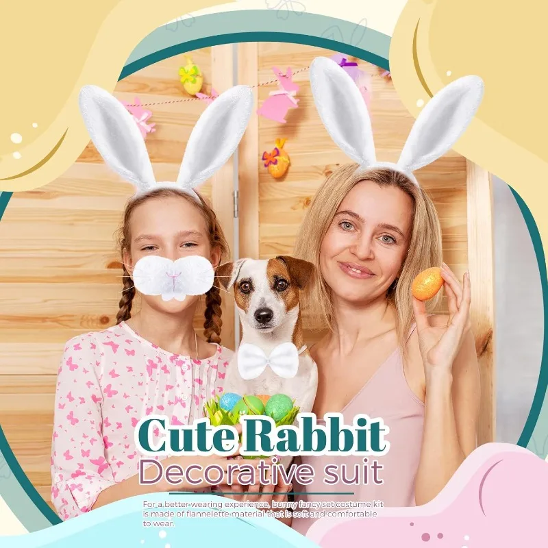 Conjunto de disfraz de conejito de Pascua - Orejas de peluche, pajarita, nariz y cola - Cosplay de fiesta de Halloween para niños y niñas