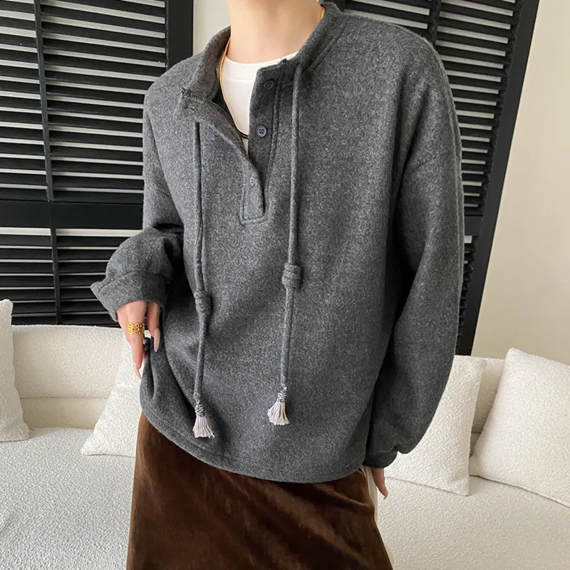 HKSH Autumn Winter New Women Thick Sweatshirt Drawstring Casual Buttoned Half Placket Round Collar Versatile Elegant Top HK17089