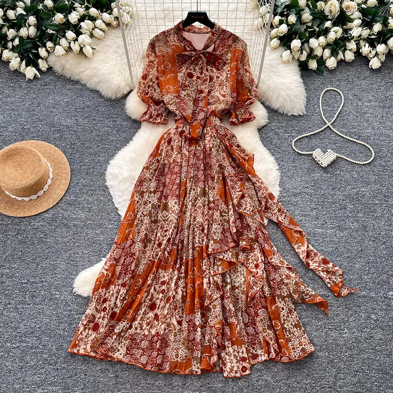 Women's Summer Vintage Floral Print Short-Sleeve Dress New Arrival Bow Collar Elegant Chiffon Maxi Dress C552