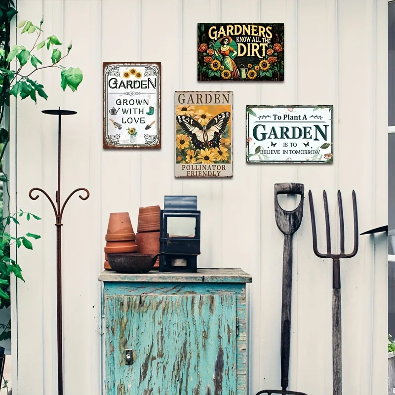 4pcs Vintage Metal Garden Signs - 20x30 Cm Outdoor Wall Decor With Motivational Quotes, For Backyard & Patio Gardening Gift