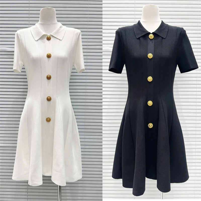 

y2k High-Quality Summer New Style Metal Button Decorated Lapel Short-Sleeve Dress Women's Fashionable CommuterKnitted Mini Skirt