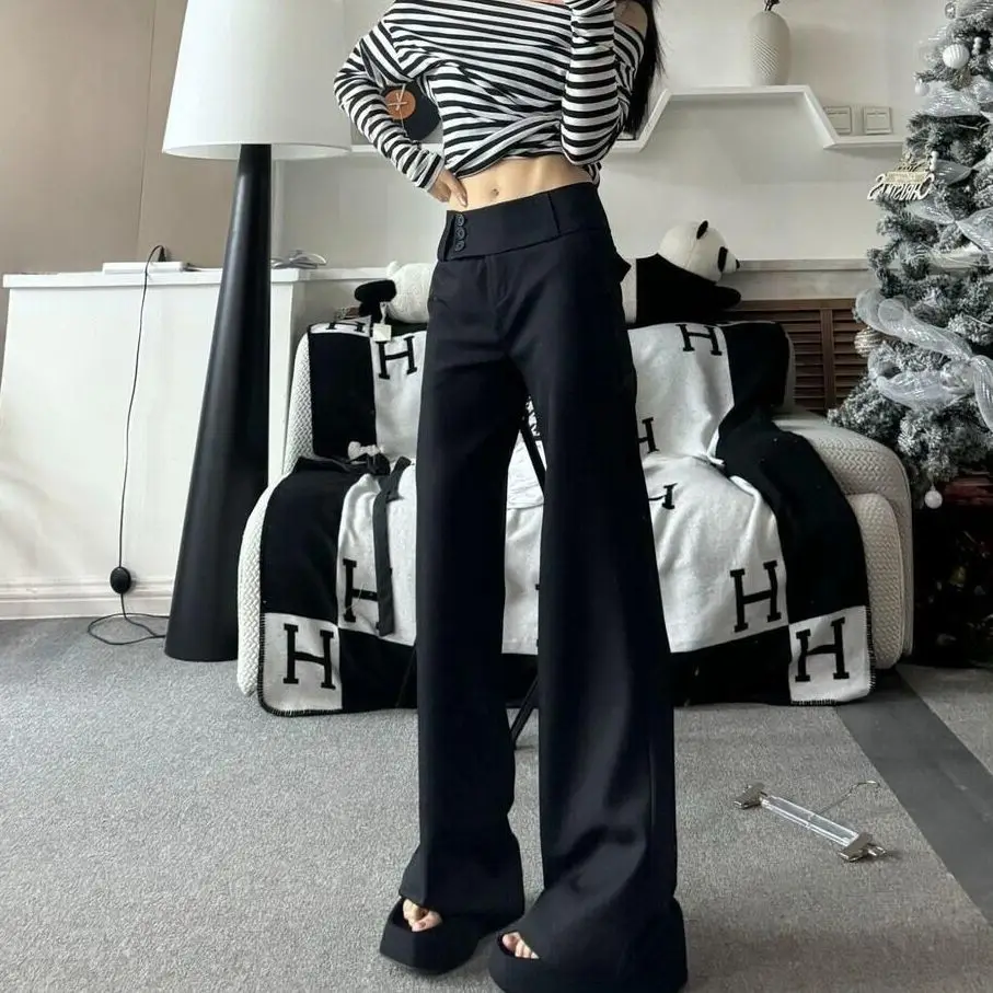 Personality Button Long Leg Pants, Slimming Low-waist Fitted Narrow Suit Pants, Straight Casual Pants, Fashionable.
