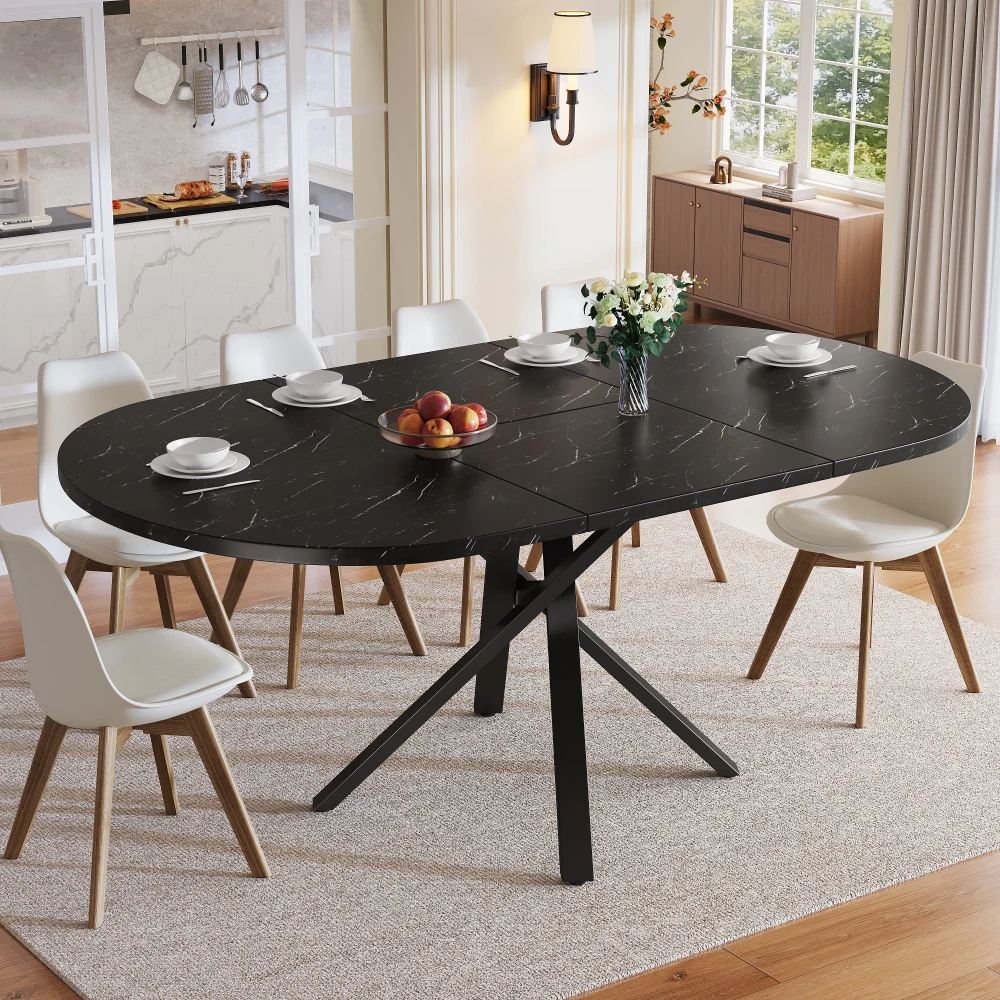 Nowoczesny rozkładany okrągły stół do jadalni - wygląd marmuru 100/140 cm, solidna czarna metalowa rama w kształcie litery X, stół oszczędzający miejsce o wysokości 75,5 cm
