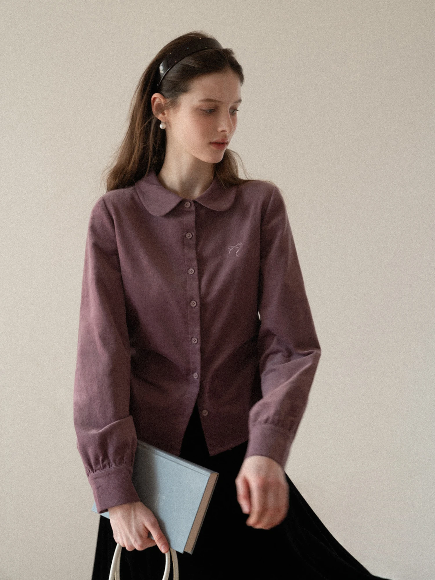 

Eggka Long Sve Embroidered Velvet irt Women's ort Waist Cinched Commute Slimming Top Knot Workwear Cotton