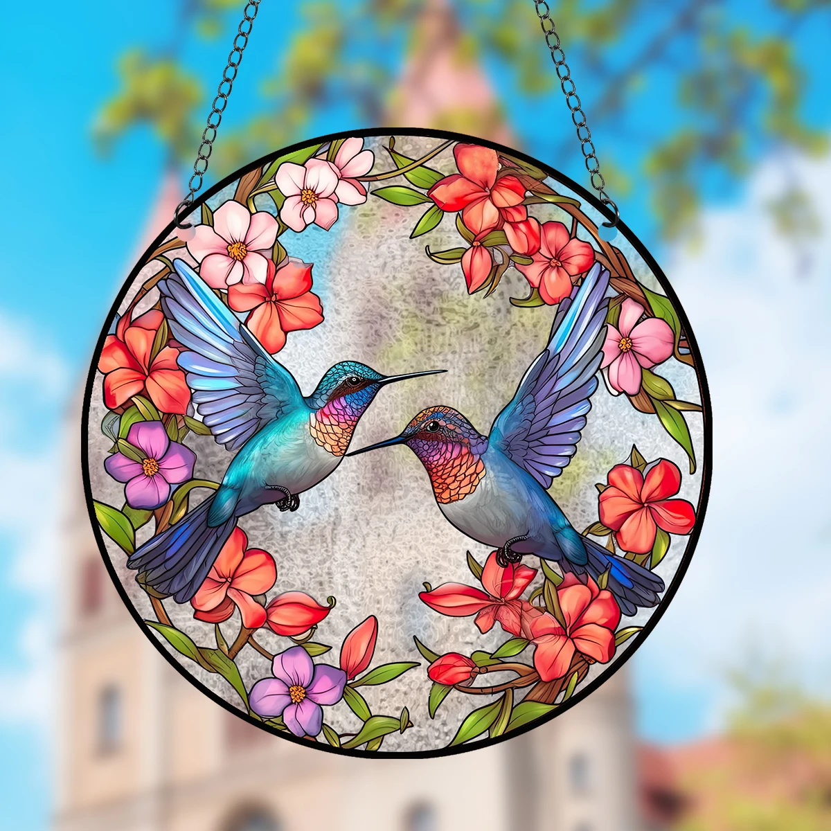 Glass Pattern Hummingbird with Flower Stained Suncatcher Bird Stained Window Hangings Hummingbird Gift for Home Decor