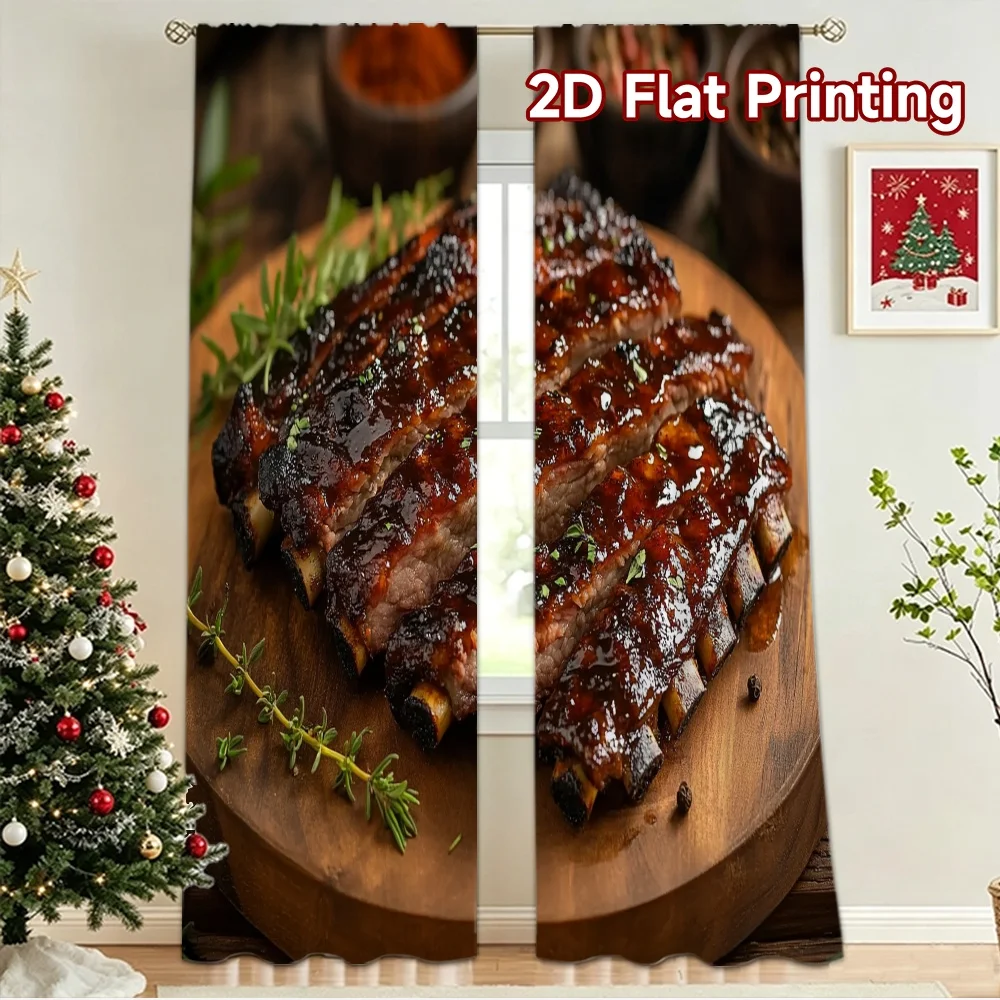 2D flat 2pcs Curtain French Romantic Style Barbecue Glazed Ribs Digitally printed polyester, colorfast Party & Holiday Decor for