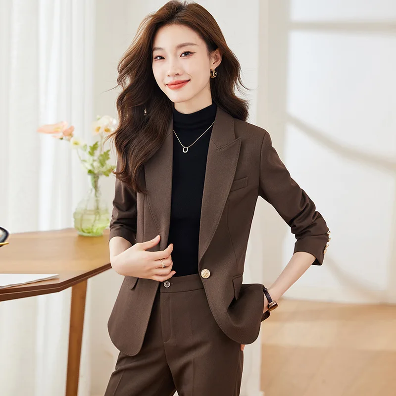 Brown Small Suit Jacket Women's Small Business Clothing Temperament Goddess Style Work Clothes2024Spring and Autumn New