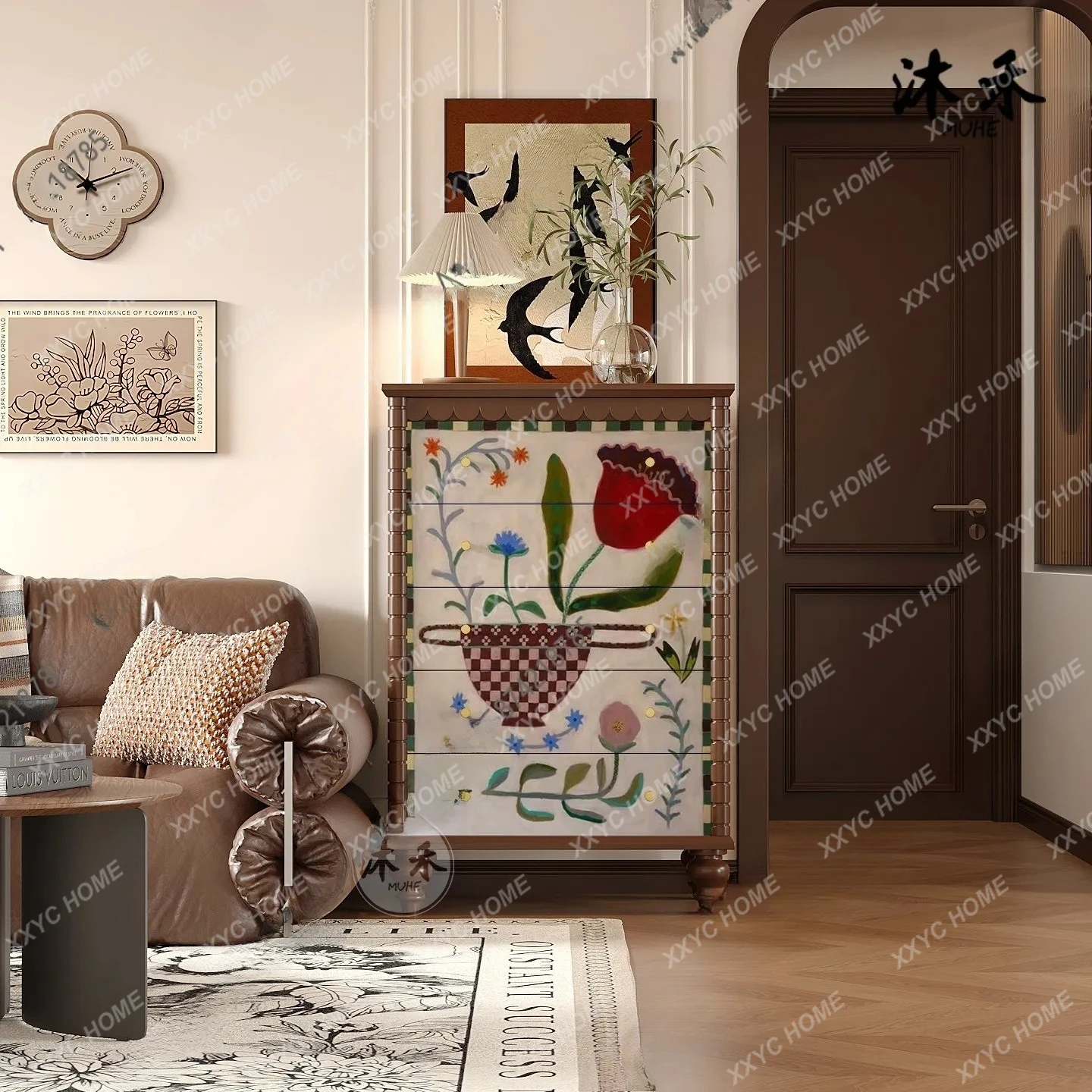 

LMedieval style art flower solid wood corner cabinet living room storage sideboard high-end feeling