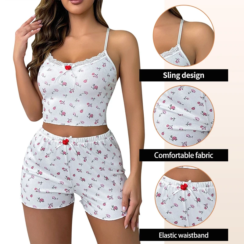 Summer Floral Print Home Clothing Two-Piece Set with Fresh Suspender Top and Shorts Sexy Set for Women\'s Pajamas