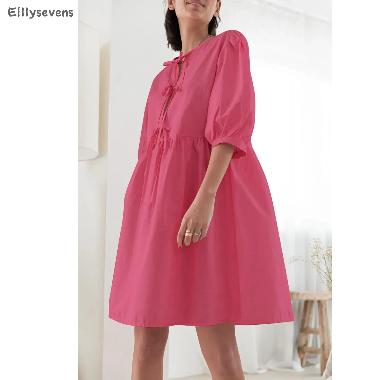 Women's plus size loose dress Tie Up Puff Sleeve Casual knee length skirts O Neck Sundress Party Dresses Midi  vestidos largos