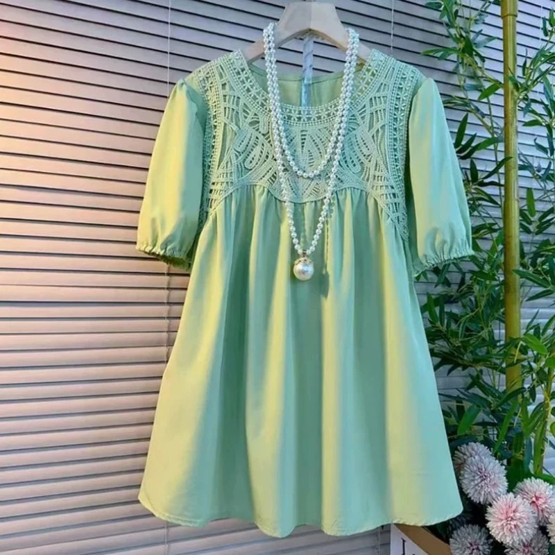 

Элегантная кружевная лоскутная свободная однотонная блузка, новая летняя универсальная винтажная рубашка с коротким рукавом, топы, повседневная модная женская одежда