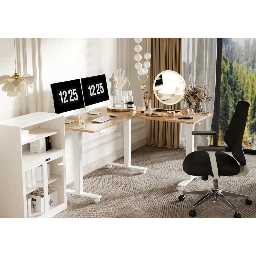 Madeira maciça Motor Triplo L Em Forma De Mesa Em Pé, Canto Stand Up Desk, Altura Ajustável, Casa E Mesa De Escritório, 63x55 pol