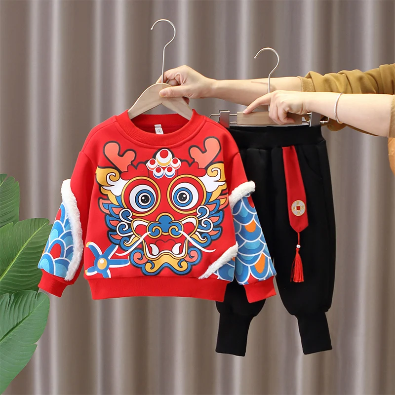 

New Year Outfit for Boys, Fleece-Lined Set 2024 Dragon Year, First Birthday Children's Tang Suit, Festive New Year Clothes, Baby