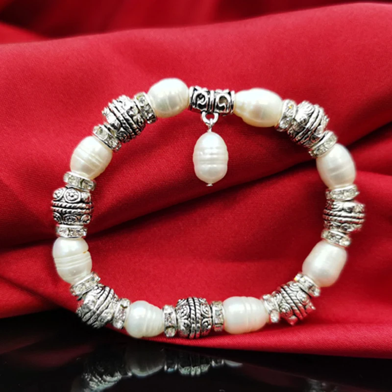Natural Round Freshwater Pearls Beads Bracelet Alloy Charms Spacers Beads Strand Bracelets for Women image 4