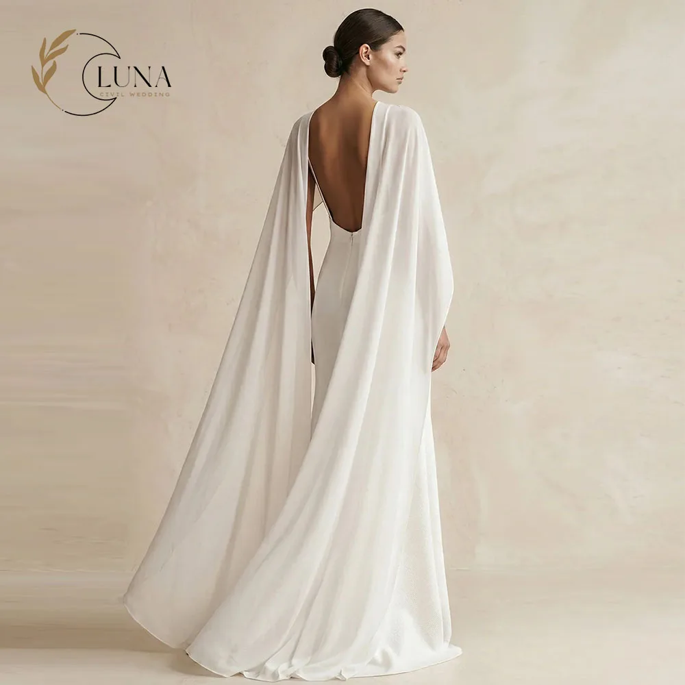 Luna Customized V-neck Sheath Satin Detachable Cape Wedding Dress in White Mermaid Elegant Backless Bridal Gown vestido de novia