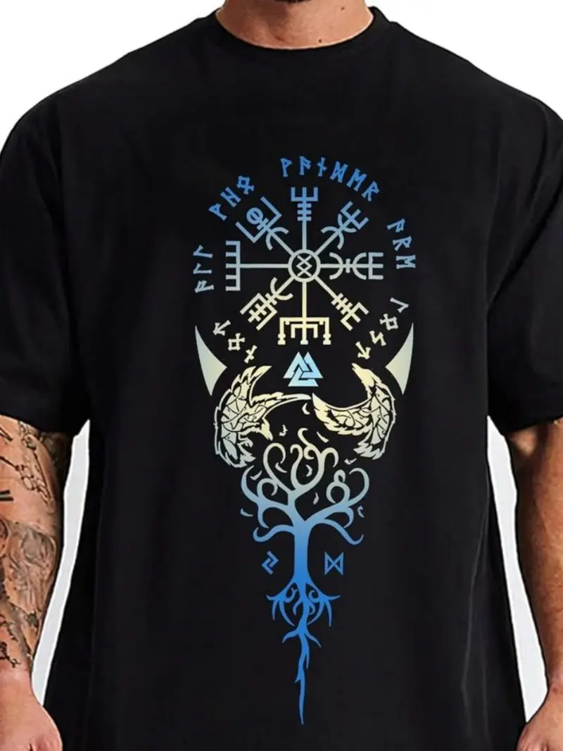 Men's Viking Norse Runes And Yggdrasil Tree Of Life T-Shirt Mythology Graphic Tee With Rune Symbols Regular Fit Breathable Gift