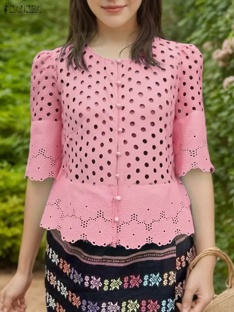 

Stylish Embroidered Shirt ZANZEA 2025 Elegant Hollow Out Women Blouse Solid Work Blusas Mujer O Neck Half Sleeve Patchwork Tops