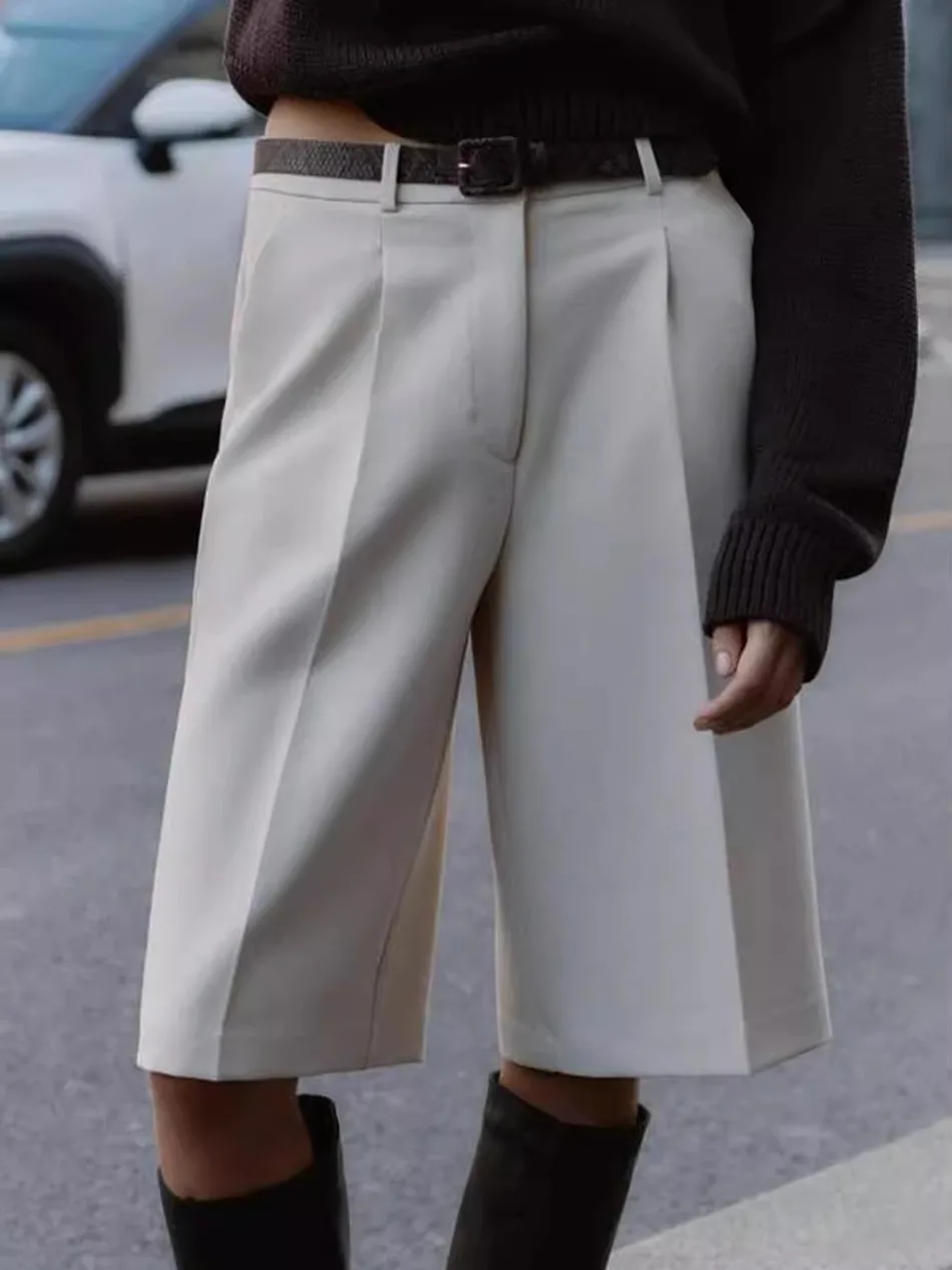

Casual Straight Leg Pants Autumn Winter Long Short Shorts with Belt Versatile Ladies Premium Fashion Straight Tube Trousers