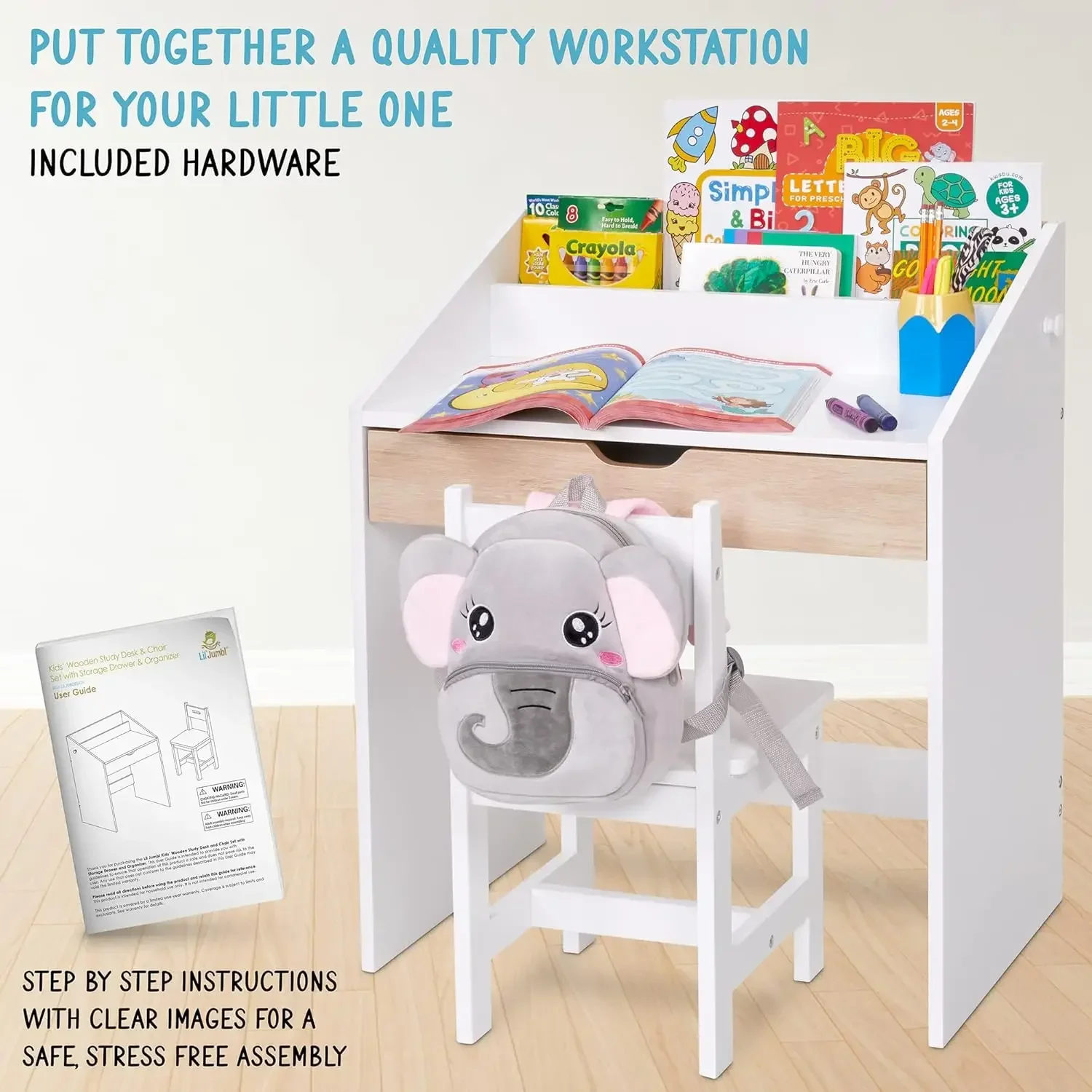Toddler Wooden Study Desk and Chair Set, Home School Learning Workstation with Writing Table, Storage Drawer, Tabletop Organizer