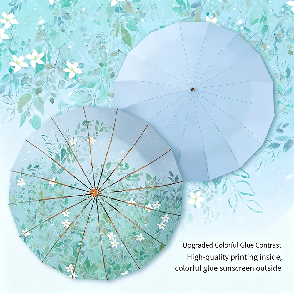 Women 16 Ribs Large Printed Folding Umbrella UV Protection Waterproof Rain Sun Dual Use Parasol Paraguas for Commute Travel