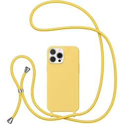 Solid Yellow Liquid Silicone TPU Phone Case for iPhone 16 15 14 Pro Max 13 12 11 Plus 7 8 XS XR With Lanyard Shockproof Cover