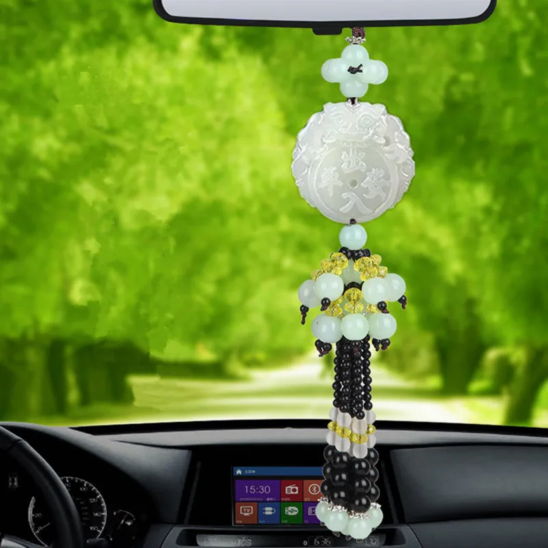 New White Jade Automobile Hanging Ornament Buddha Holding Car Rearview Mirror Decoration Pendant Double-Sided Car Supplies