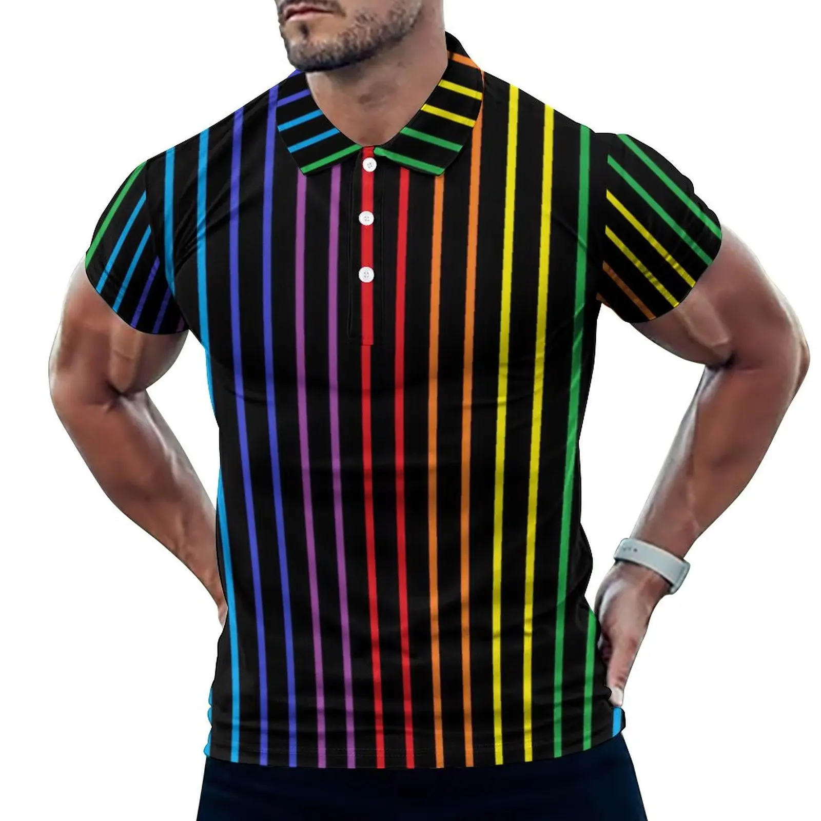 Vertical Rainbow Polo Shirt Red Blue Purple Green Stripes Casual Shirt Beach Cool T-Shirts Male Collar Custom Oversized Clothes