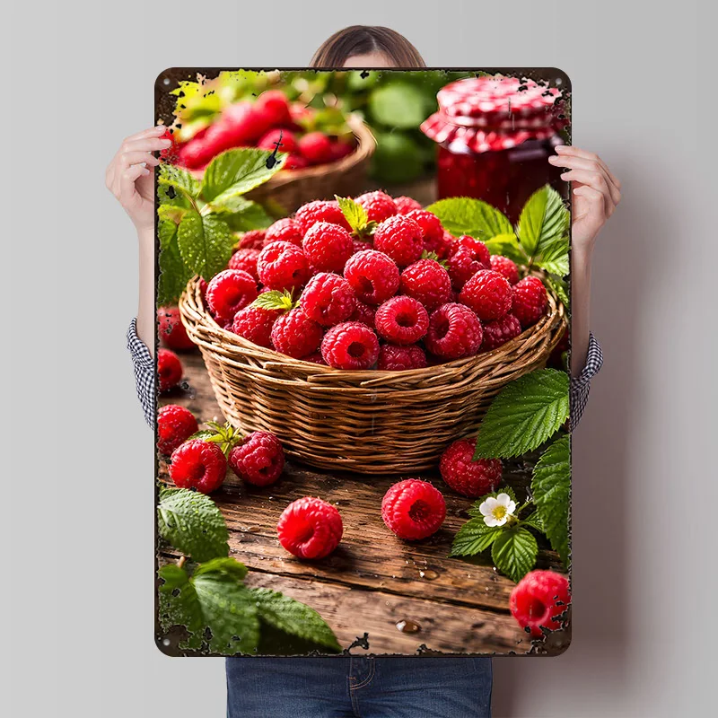 Fresh Raspberries in a Basket Printed Poster Customized Wall Art Retro Vintage Metal Tin Signs for Decoration Garage Decorations