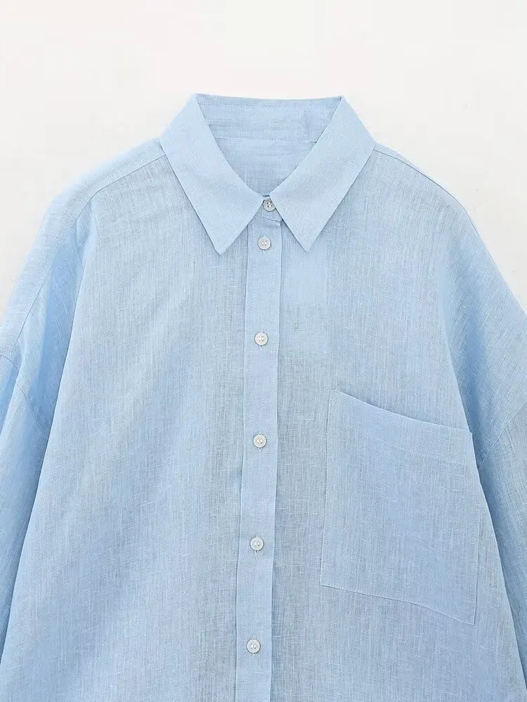 Pakaian Wanita 2025 Fashion Blus Rami Vintage Lengan Panjang Berkancing Blus Atasan Blusas